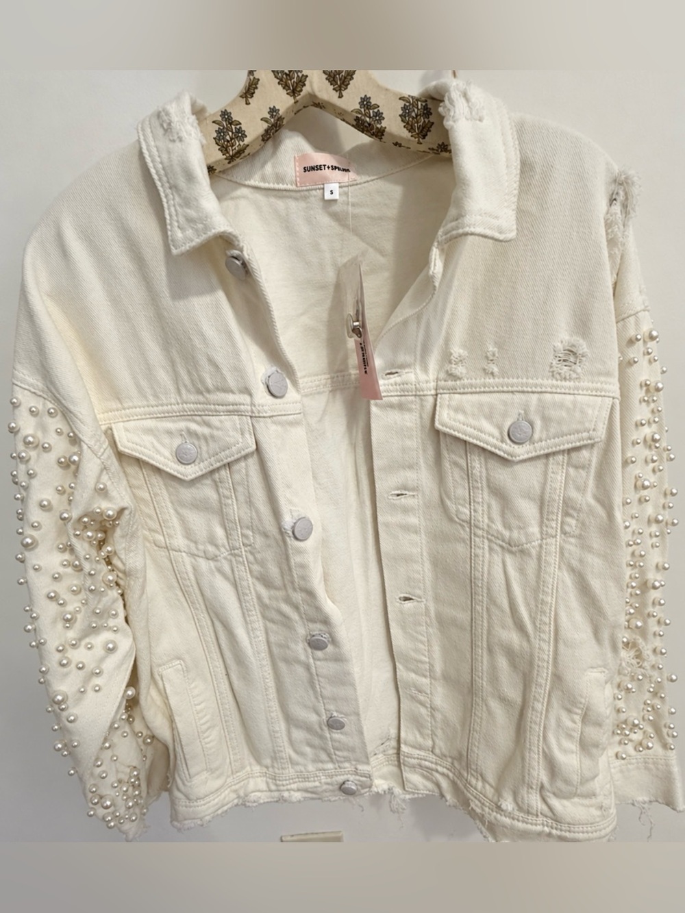 NWT SUNSET + SPRING White Denim Jacket S Pearl Sleeves Distressed Cropped $128